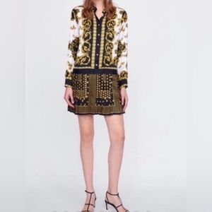 Zara Woman Black, Gold & White Baroque Button-Front Drop Waist Mini Dress